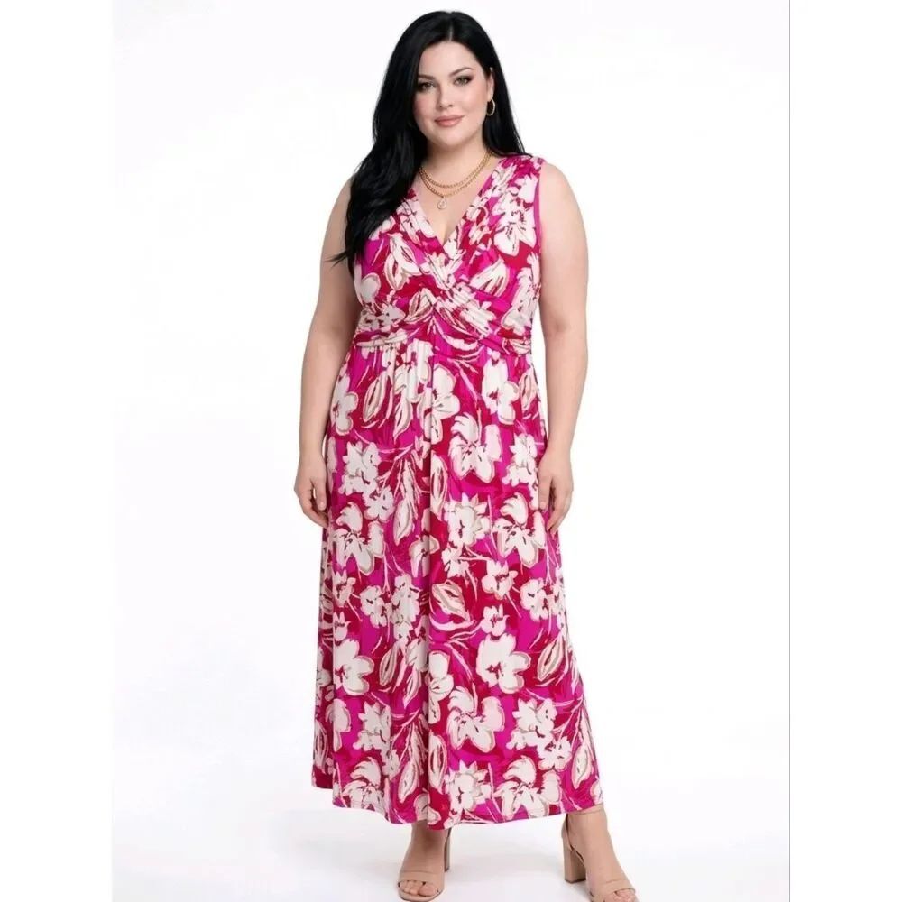 Vince Camuto Pink Multi Floral Tropical Printed ITY Maxi Dress Size 18W